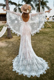 Ivory V- Neck Mermaid Lace Boho Wedding Dress With Cape