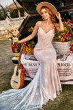 Ivory Spaghetti Straps Mermaid Lace Beach Wedding Dress With Sweep Train