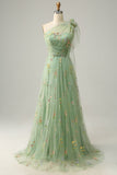 A-Line One Shoulder Green Long Ball Dress With Embroidery