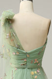 A-Line One Shoulder Green Long Ball Dress With Embroidery