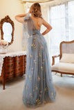 A Line One Shoulder Grey Blue Plus Size Ball Dress with Embroidery
