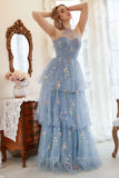 A Line Halter Grey Blue Plus Size Ball Dress with Embroidery