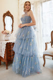 A Line Halter Grey Blue Plus Size Ball Dress with Embroidery