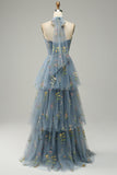 Grey Blue Halter A Line Tulle Ball Dress with Embroidery