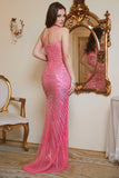Fuchsia Sequin One Shoulder Sparkly Long Ball Dress with Slit