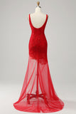 Mermaid V Neck Red Long Ball Dress with Embroidery