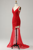Mermaid V Neck Red Long Ball Dress with Embroidery