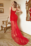 Asymmetrical High Low V Neck Red Plus Size Ball Dress with Embroidery