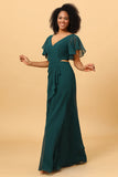 Hollow-out Chiffon Pine Bridesmaid Dress with Ruffles Sleeves