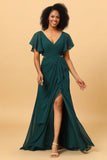 Hollow-out Chiffon Pine Bridesmaid Dress with Ruffles Sleeves