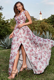 Grey and Pink A Line Deep V Neck Floral Long Ball Dress