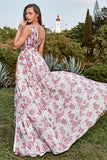 Grey and Pink A Line Deep V Neck Floral Long Ball Dress