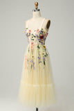 A Line Spaghetti Straps Champagne Tea Length Ball Dress with Appliques