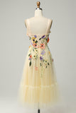 A Line Spaghetti Straps Champagne Tea Length Ball Dress with Appliques
