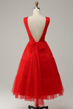 Red A Line Deep V Neck Midi Ball Dress with Open Back