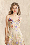 A Line Spaghetti Straps Champagne Long Ball Dress with Appliques