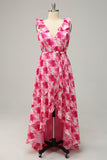 Plus Size High Low Pink Flower Printed Plus Size Wedding Party Dress with Ruffles
