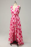 Plus Size High Low Pink Flower Printed Plus Size Wedding Party Dress with Ruffles