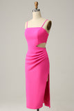 Spaghetti Straps Cut Out Hot Pink Formal Party Dress with Ruffles