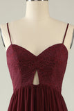 Burgundy Spaghetti Straps Lace Bridesmaid Dress with Hollow-out
