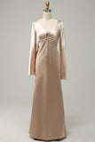 V-Neck Champagne Long Bridesmaid Dress with Sleeves