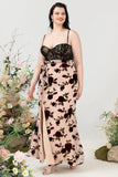 Sheath Spaghetti Straps Black Floral Plus Size Wedding Guest Dress with Slit