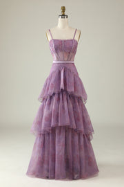 Purple A Line Spaghetti Straps Printed Corset Ball Dress