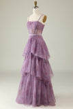 Purple A Line Spaghetti Straps Printed Corset Ball Dress