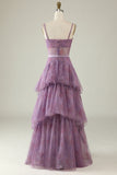 Purple A Line Spaghetti Straps Printed Corset Ball Dress