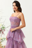 Purple A Line Spaghetti Straps Tulle Corset Ball Dress