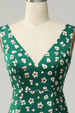 Sheath V Neck Print Floral Green Formal Dress with Slit