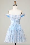 Cute A Line Off the Shoulder Blue Printed Short Cocktail Dress with Ruffles