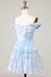 Cute A Line Off the Shoulder Blue Printed Short Cocktail Dress with Ruffles