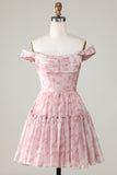 A Line Cute Blush Printed Short Cocktail Dress with Ruffles
