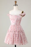 A Line Cute Blush Printed Short Cocktail Dress with Ruffles