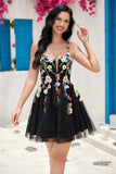 Stylish A Line Spaghetti Straps Black Short Cocktail Dress with Appliques
