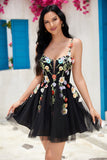 Stylish A Line Spaghetti Straps Black Short Cocktail Dress with Appliques