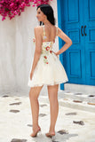 Stylish A Line Spaghetti Straps Champagne Short Cocktail Dress with Appliques
