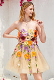 Champagne Strapless Short Ball Dress with 3D Flowers
