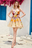 Champagne Strapless Short Ball Dress with 3D Flowers