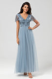 Grey Blue A Line V Neck Long Bridesmaid Dress with Beading