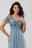 Grey Blue A Line V Neck Long Bridesmaid Dress with Beading