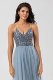 Dusty Blue A Line Spaghetti Straps Long Bridesmaid Dress with Beading