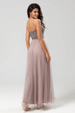 Dusty Blue A Line Spaghetti Straps Long Bridesmaid Dress with Beading