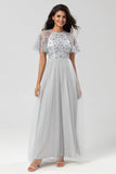 Grey A-Line Round Neck Long Bridesmaid Dress with Short Sleeves