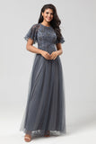 Grey A-Line Round Neck Long Bridesmaid Dress with Short Sleeves