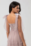 Dusty Pink A-Line V Neck Long Bridesmaid Dress with Beading