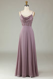 Certifiably Chic A Line Spaghetti Straps Dusty Pink Long Bridesmaid Dress with Beaded