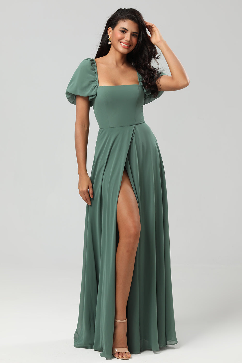 ZAPAKA Women Green Bridesmaid Dress with Puff Sleeves Chiffon A-Line Eucalyptus Wedding Party Dress ZAPAKA NZ ZAPAKA Women Green Bridesmaid Dress with Puff Sleeves Chiffon A-Line Eucalyptus Wedding Party Dress ZAPAKA NZ
