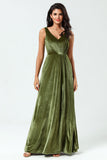 Olive A Line V-Neck Sleeveless Velvet Bridesmaid Dress with Slit